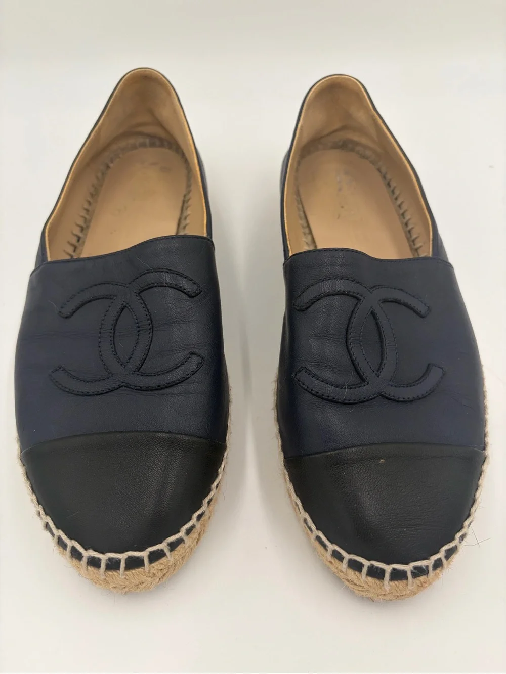 CHANEL Navy and Black  Leather Espadrille Loafer with CC Logo size 37 US 6.5